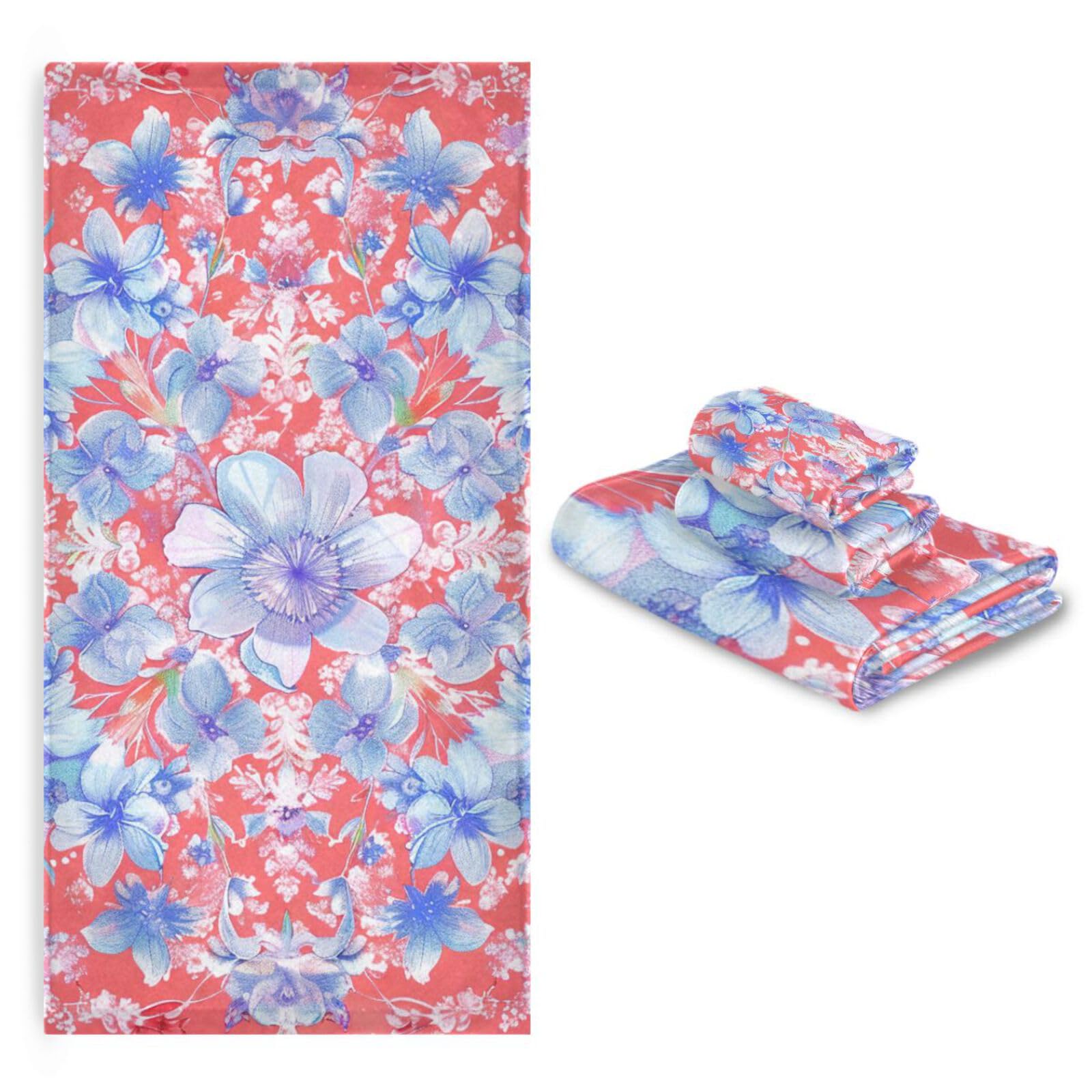 Set di 3 asciugamani da viso in stile bohémien, motivo floreale, rosso e blu, ad asciugatura rapida, 1 asciugamano da bagno, 1 asciugamano per le mani, 1 panno per yoga, bagno e cucina