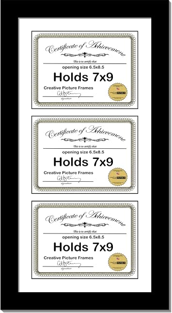 Creative Picture Frames 10X24Bk-W Black Vertical 7X9 Triple Diploma Frame With 3 Opening White Matting | Holds 3 7X9 Inch Documents With Installed Wall Hanger