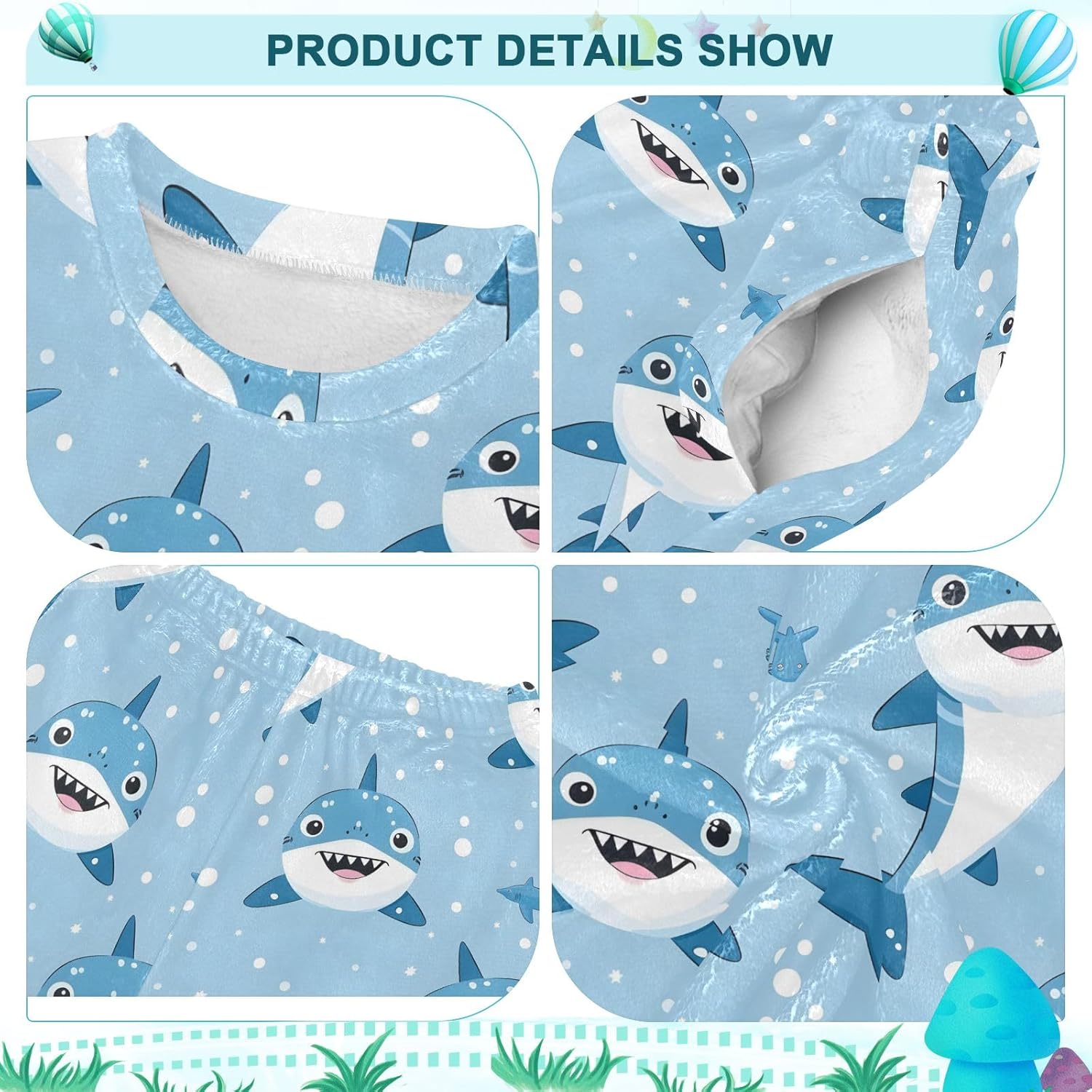 Kids Flannel Sets Cartoon Pattern with Little Shark Warm Plush Relaxed Clothing for Boys and Girls