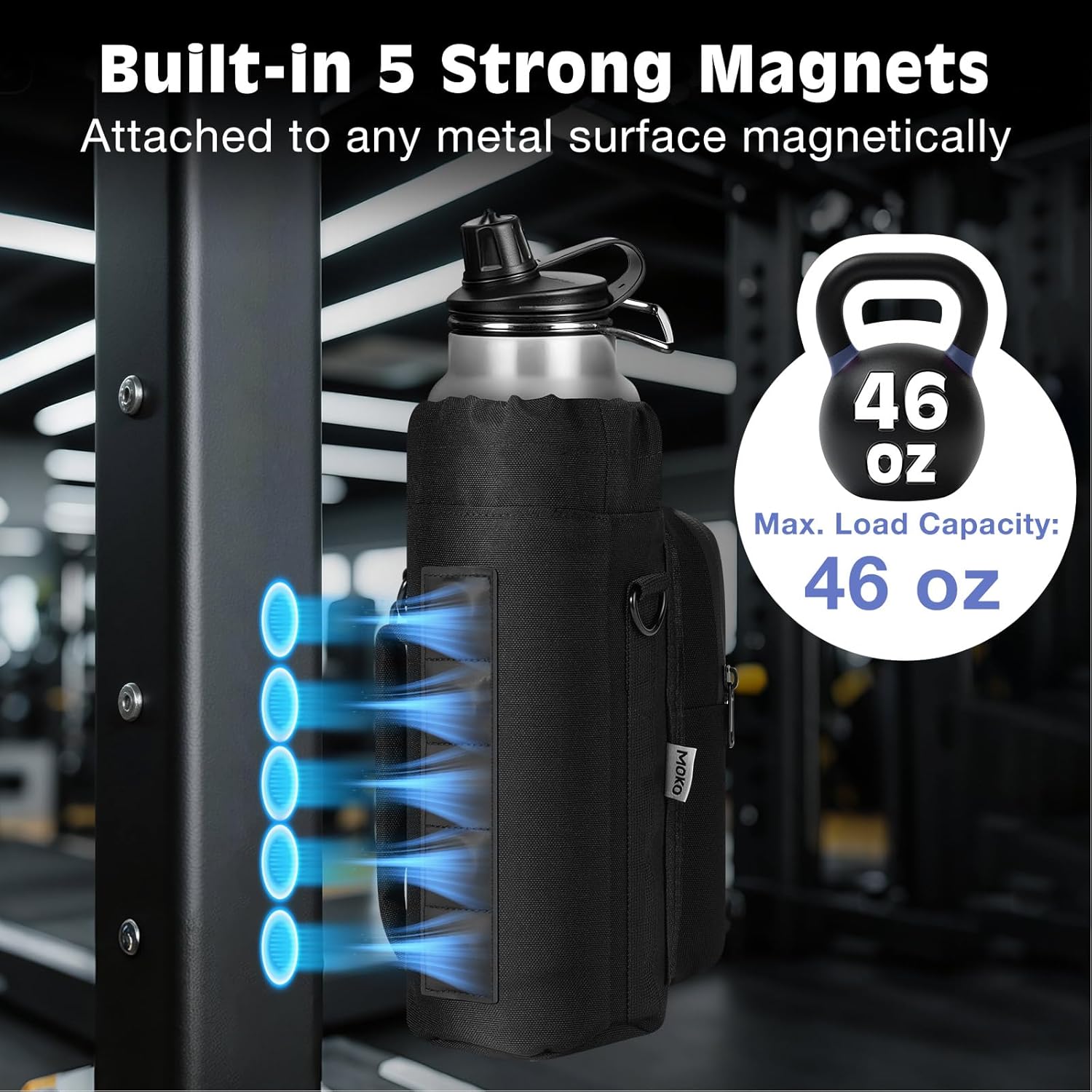 MoKo Magnetic Gym Bag, Magnetic Water Bottle Holder with Clear Phone Pouch, Built-in 4 Magnets Fitness Bag for Men and Women Compatible with Most Water Bottles, Gym Accessories Gifts, Black - Image 2
