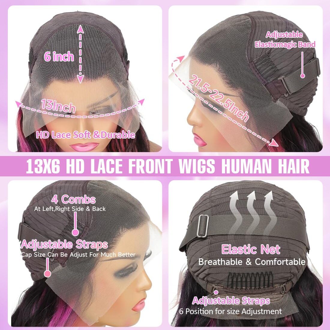 26 Inch Ombre 13x6 Lace Front Wigs Human Hair Pre Plucked 210% Density Skunk Strip Highlight Wig Human Hair Pink And Black Wig HD Lace Frontal 1B/Pink Colored Wigs