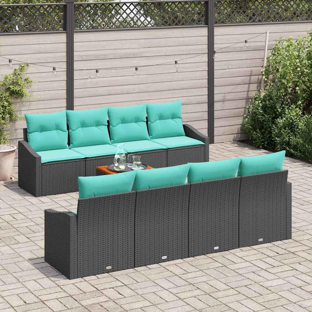 Juego de muebles de jardín de 9 piezas con cojines negros, polirratán modular para 8 personas, incluye mesa de jardín y cojines para terraza, balcón y jardín