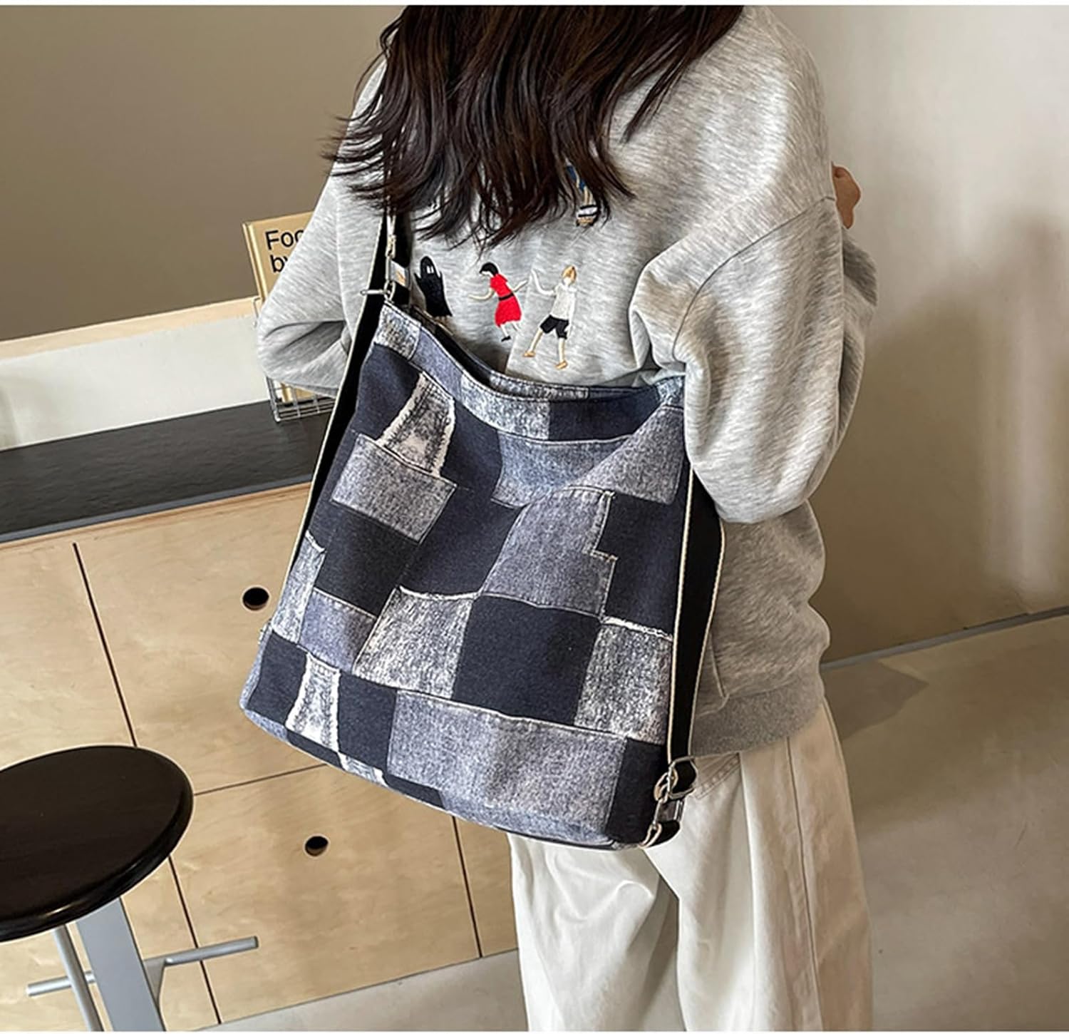 [ＷＡＮＳＨＩＸ] キャンバスバッグ トートバッグ パッチワーク レディース ショルダーバッグ クロスボディバッグ 大容量 大きめ デニムカバン ハンドバッグ 肩掛けバッグ 学院風 通学 中学生 韓国