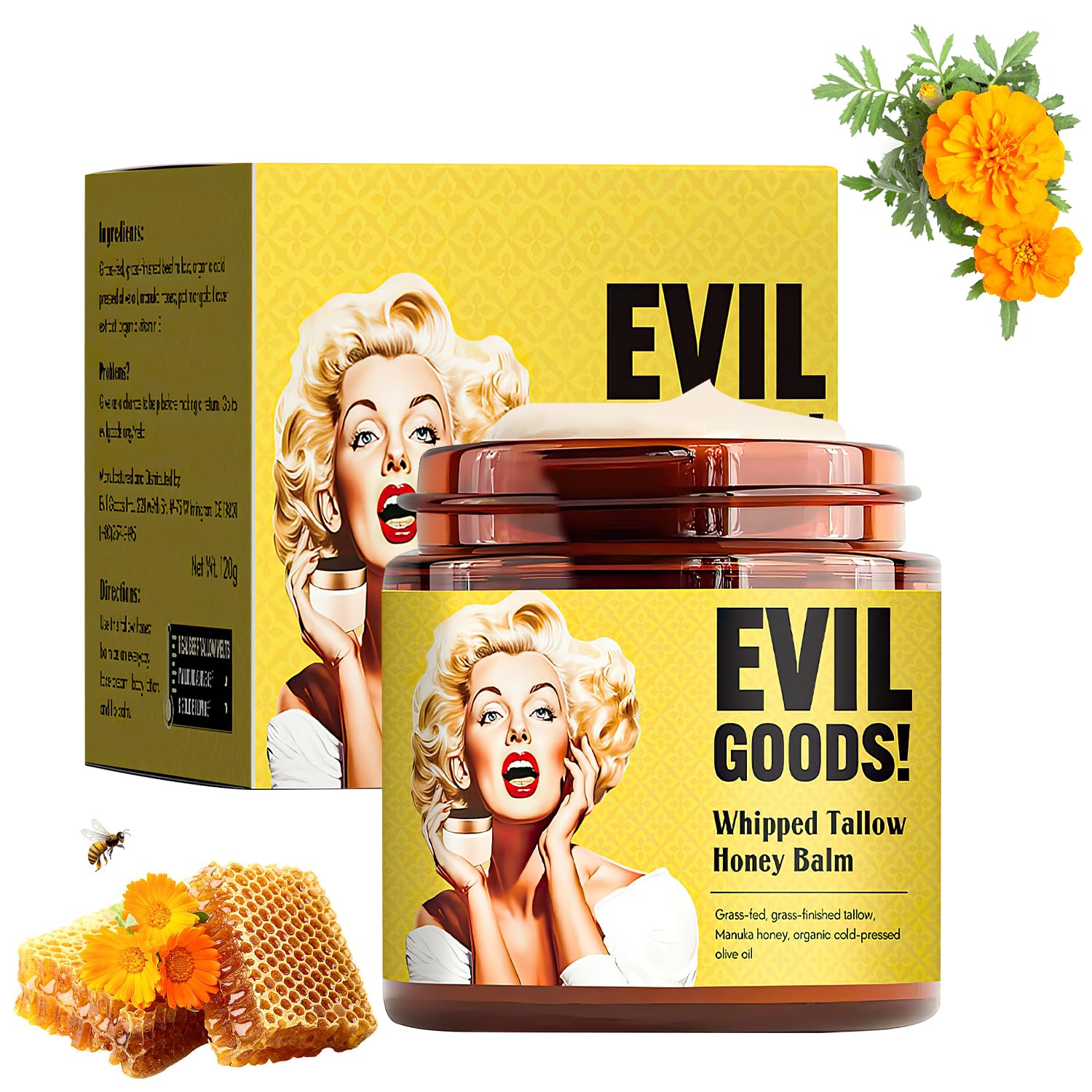 Evil Goods Crema Original, 120g Evil Goods Crema Original Facia, Beef Tallow for Skin, Honey Sebo de res Rostro Cuerpo Hidratante de Res Batido y Miel, Cebo de Res para la Cara :