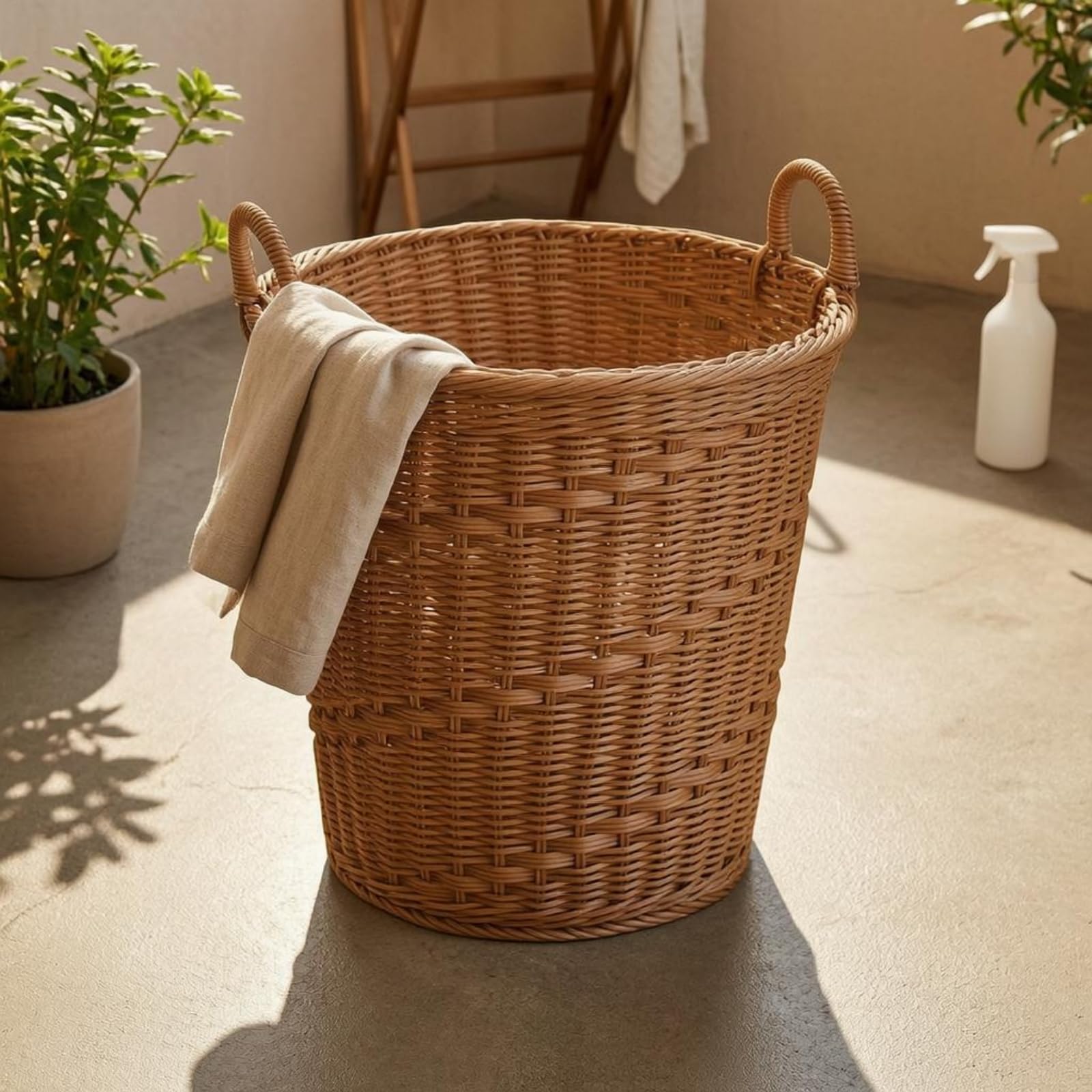 Cesto Portabiancheria Cesto Lavanderia Cesto Rotondo Cesto Intrecciato Contenitore Cilindrico in Rattan Sintetico, Marrone, Twill, 40x40cm, Con Anello In Acciaio Verniciato A Forno