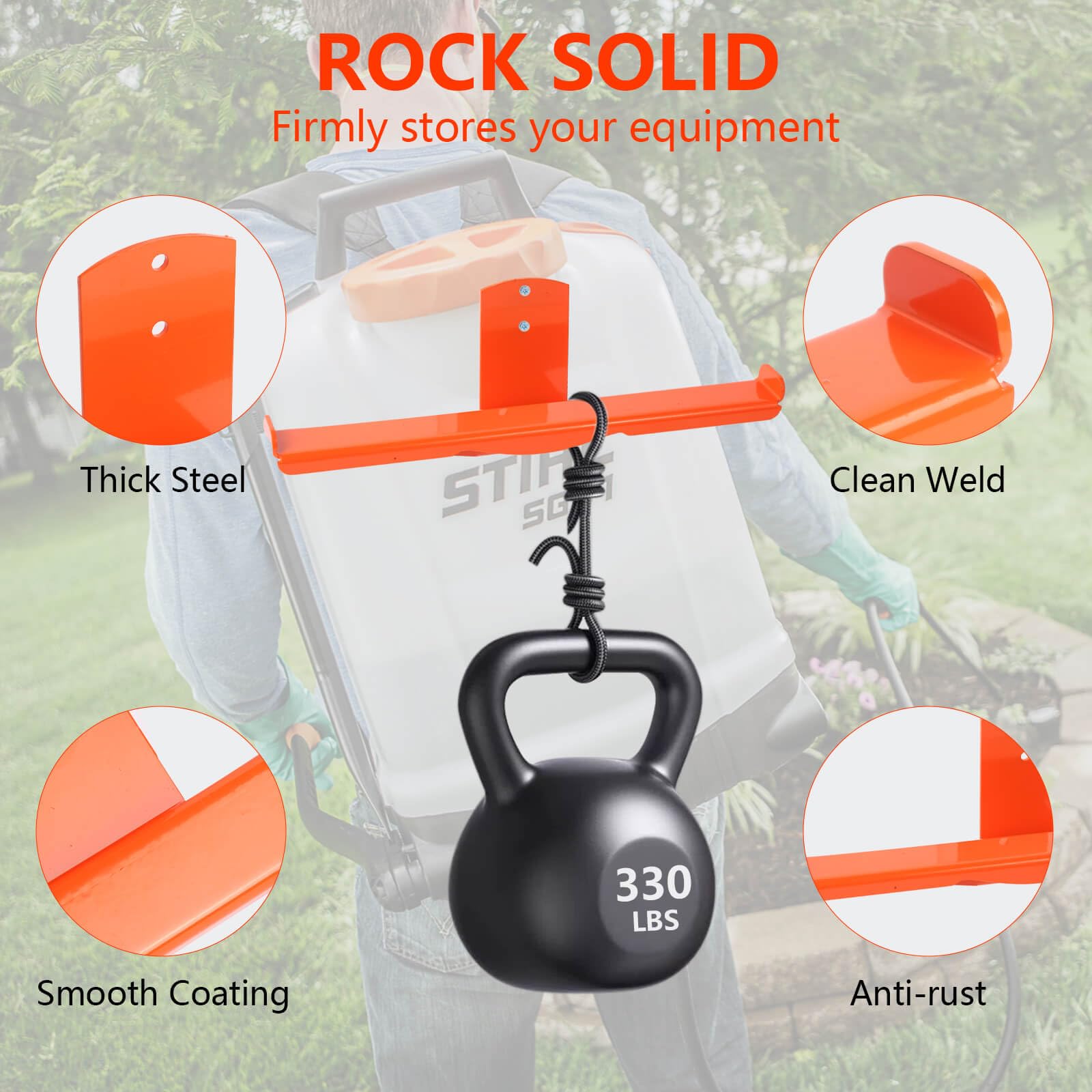 Soplador de mochila con soporte de manguera, soporte de pared para mochila resistente con ganchos de doble cara, colgador de mochila que ahorra espacio para malezas, cortasetos y sierra de cadena