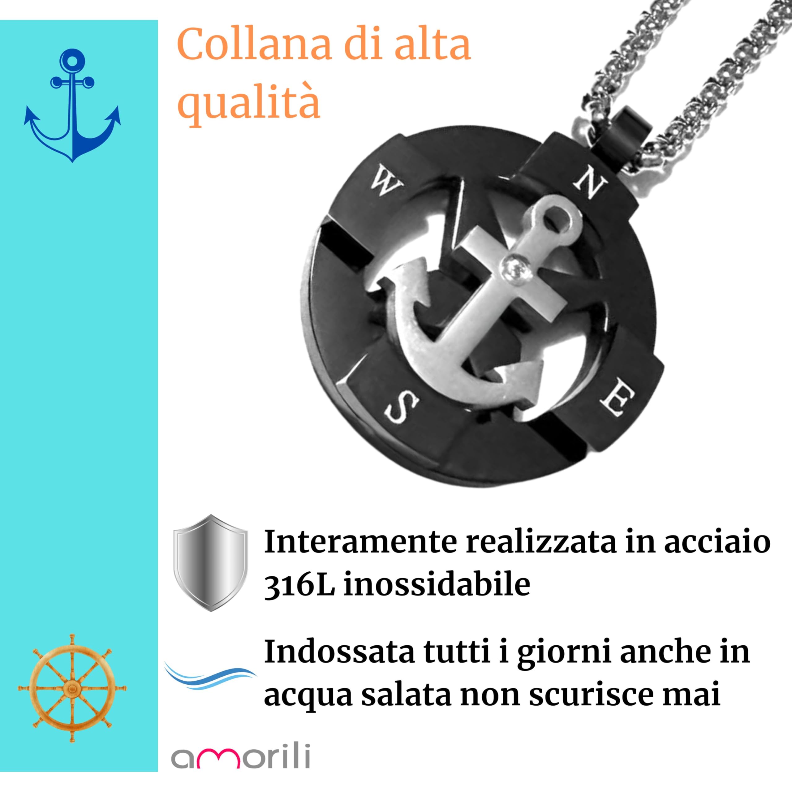 Collana Ancora Uomo in Acciaio Inox Vari Colori con Punti Cardinali – Simbolo Nautico Mare Estate Vela – Idea Regalo Uomo