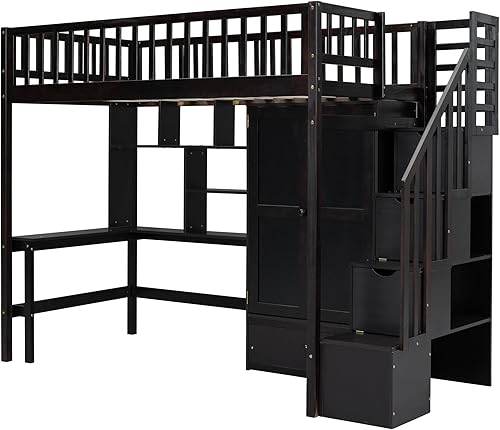 Miniatura 7 de SIYSNKSI Cama tipo loft moderna de tamaño individual con armario y 7 cajones marco de cama tipo loft de madera con escalera inclinada y escritorio