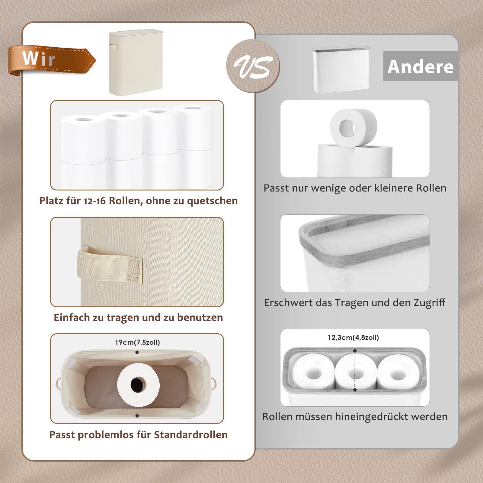 33L Porta Rotolo Carta Igienica da Terra, Mobiletto Cestini Bagno Portaoggetti, Contenitore Carta Igienica con Coperchio für 9-16 Rollen Klopapier, Beige