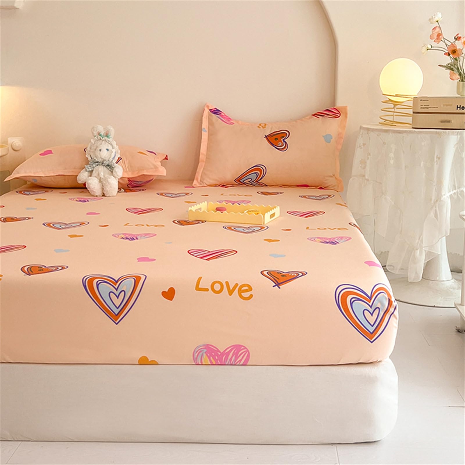 Surwin King Double Single Fitted Sheets, Soft Microfibre Fitted Bed Sheets, Fade Resistant Deep Pocket Fitted Sheet, Cartoon Prints Bedsheets (Double,LOVE)