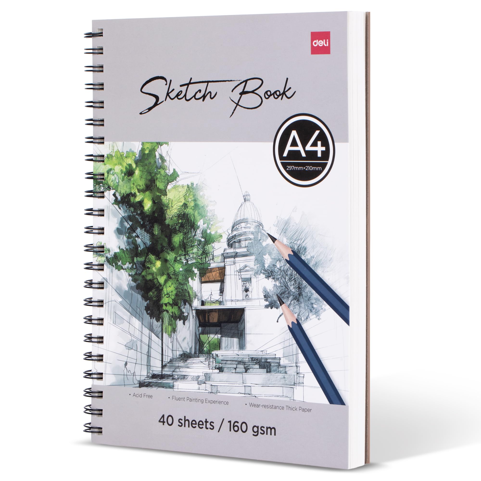 deli A4 Sketchbook, Spiral Sketch Book with 160GSM Thick Paper, Drawing Pad for Sketching & Art Practice, Ideal for School & Studio, 40 Sheets / 80 Pages (Landscape)