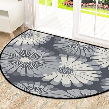 Daisy Grey White Half Round Rug Semi Circular Area Rug Large Carpet Half Moon Mat for Bedroom Livingroom Bathroom Indoor Fireplace Hearth Floor Mat 39.4 x 63 Inch