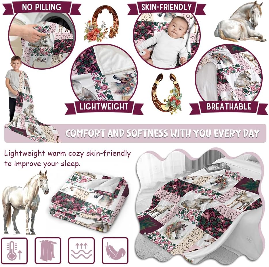 Horse Print Checkered Fleece Flannel Blanket Horse Blanket for Girls Women Horses Lovers Gifts Beautiful Horses Decor Cute Farm Animal Floral Throw Blanket for Couch Bed 50''x 60'' for Teen