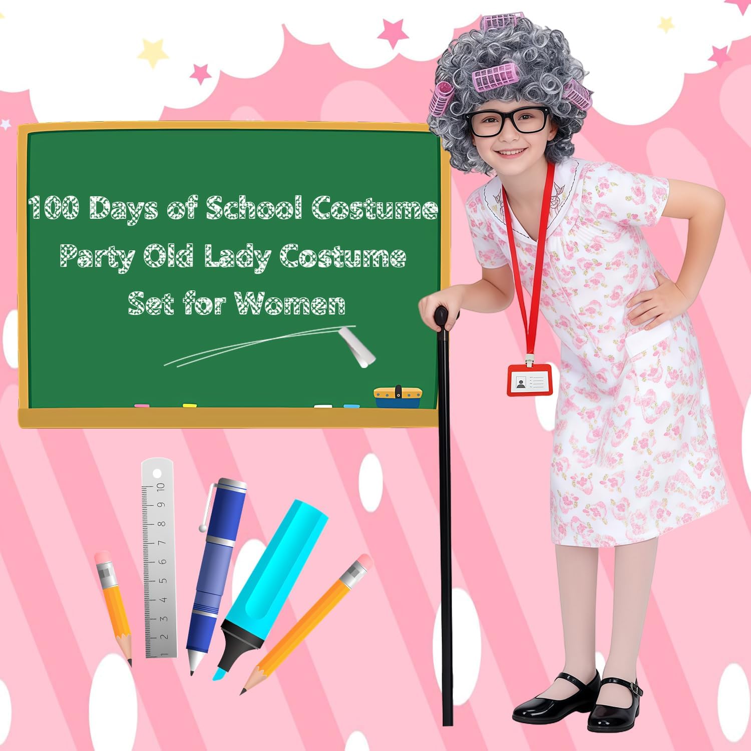 17pcs Old Lady Costume for Kids Girls 100 Day of School Costume Girls Kids Grandma Costume Old Women Dress Up - Image 5