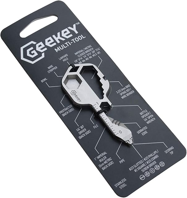 Geekey Multi-Tool Key Shaped Pocket Tool for Your Keychain w/ Bottle Opener, Screwdriver, Ruler, Wrench, Box Cutter, bit Driver, File, Pipe, Bike Spoke Key - Stainless Steel and TSA Friendly.