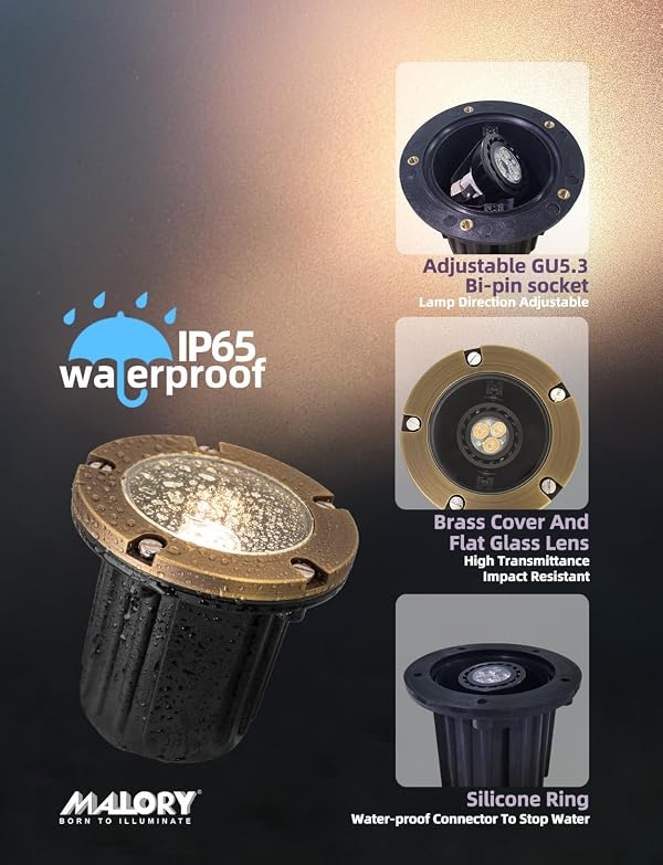 MALORY Brass Top Cover Landscape Well Lights, (4.6''H) 12V Low Voltage Outdoor In Ground Lights,Landscape Lighting for Pathway, Driveway and Garden 4-Pack with MR16 Bulb (Flat Top) by MALORY - Image 6