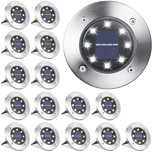 LYHOPE Solar Ground Lights Outdoor, 16 Pack 8 LED Solar Disk Lights Waterproof Garden In-ground Pathway Light Landscape Lighting for Lawn,Yard,Deck,Patio,Walkway (White)