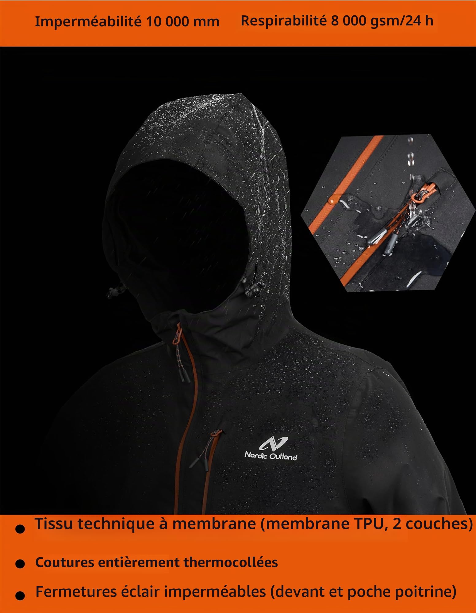 NORDIC OUTLAND Veste de pluie pour homme, imperméable et respirante avec doublure en maille, coupe-vent pour les activités de plein air