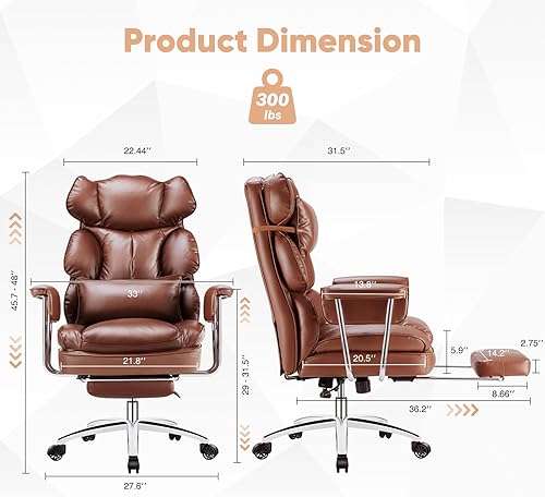 Miniatura 3 de Sweetcrispy Executive Home Office Desk Chair - Ergonomic Big Tall High Back with Footrest & Lumbar Support, Reclining Height Adjustable, Comfy PU