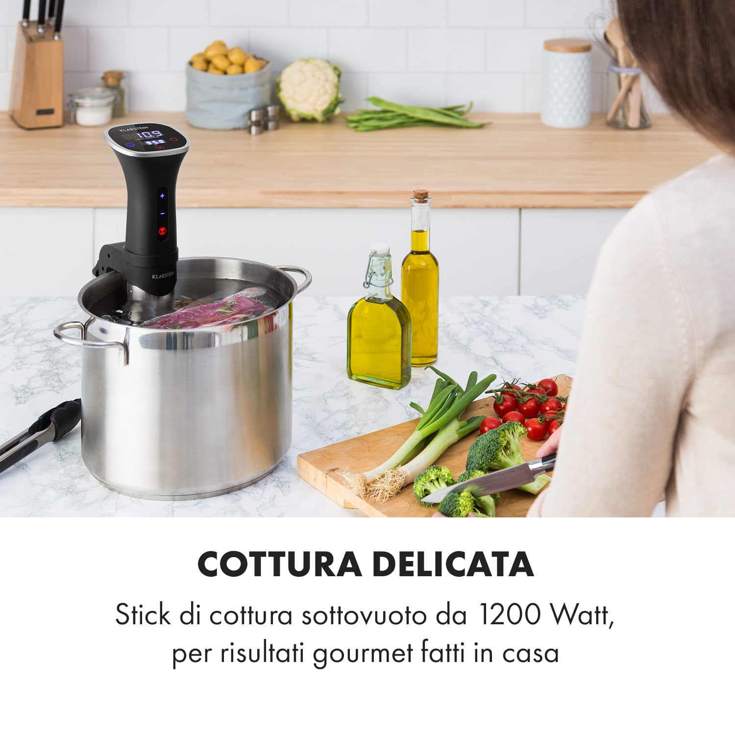 KLARSTEIN Quickstick Smart - Circolatore per Sous Vide, 3D Circulation, Controllo con App, Display Touch, Temperature: 20-95 °C, Timer, 1200 Watt, Volume: 10-15 L, Immersione Minima: 11 cm, Nero