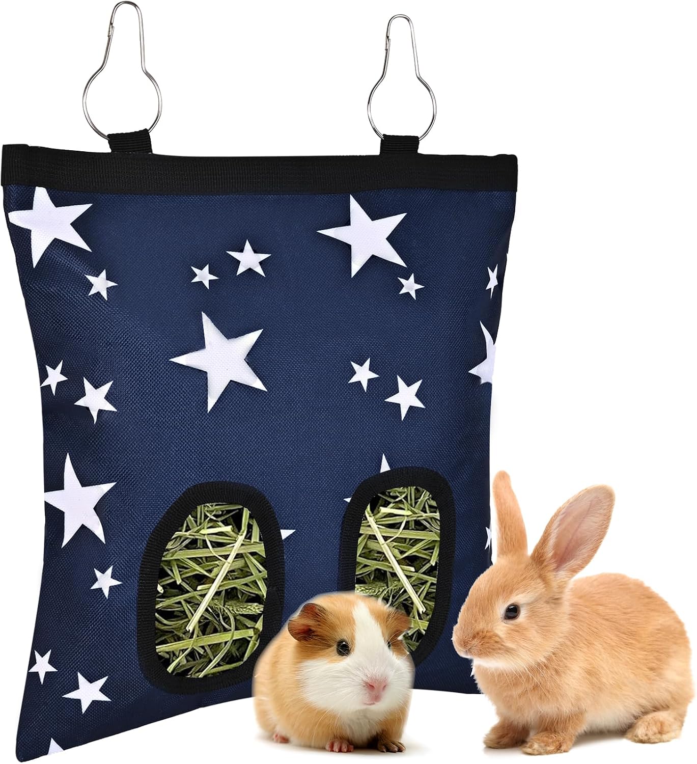 Upgraded Rabbits Hay Feeder Bag for Bunny, Guinea Pigs, Chinchillas - Hanging Washable 2-Hole Hay Dispenser with 600D Oxford Fabric, Small Animal Cage Accessories (Blue Star)