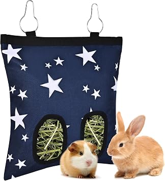 Upgraded Rabbits Hay Feeder Bag for Bunny, Guinea Pigs, Chinchillas - Hanging Washable 2-Hole Hay Dispenser with 600D Oxford Fabric, Small Animal Cage Accessories Blue Star