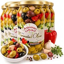 ANJOMAN Marinated Greek Olives Samos Blend - Pitted Green & Kalamata Olives, Garlic, Pepper, Herbs | 6 x 1L Jars Catering Pack