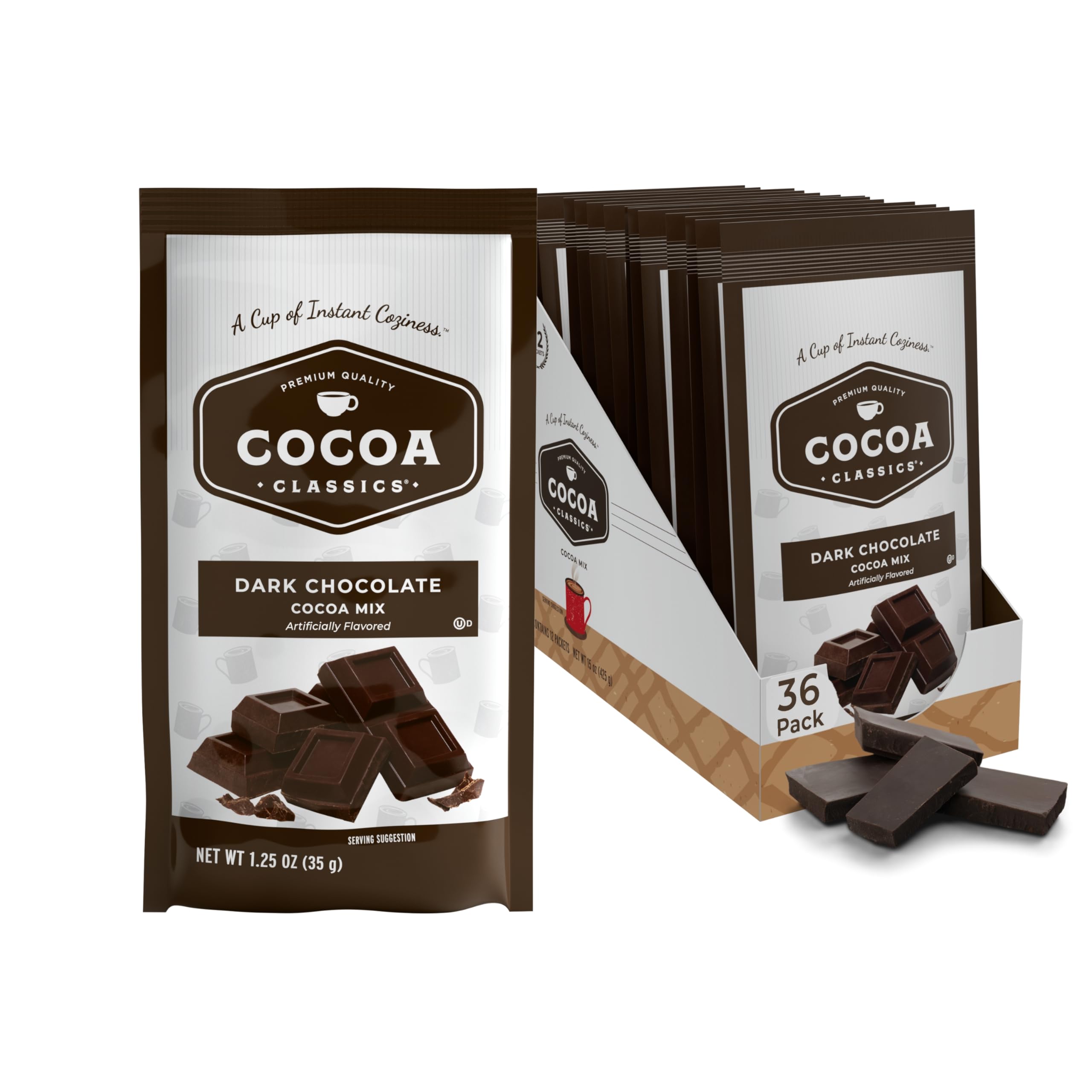 Cocoa Classics Dark Chocolate Cocoa Mix, Sweet, Smooth, Intense Dark Chocolate Flavored, Make Hot or Iced Cocoa, Gluten Free, Kosher Dairy Friendly, 1.25oz Packets (Pack of 36)