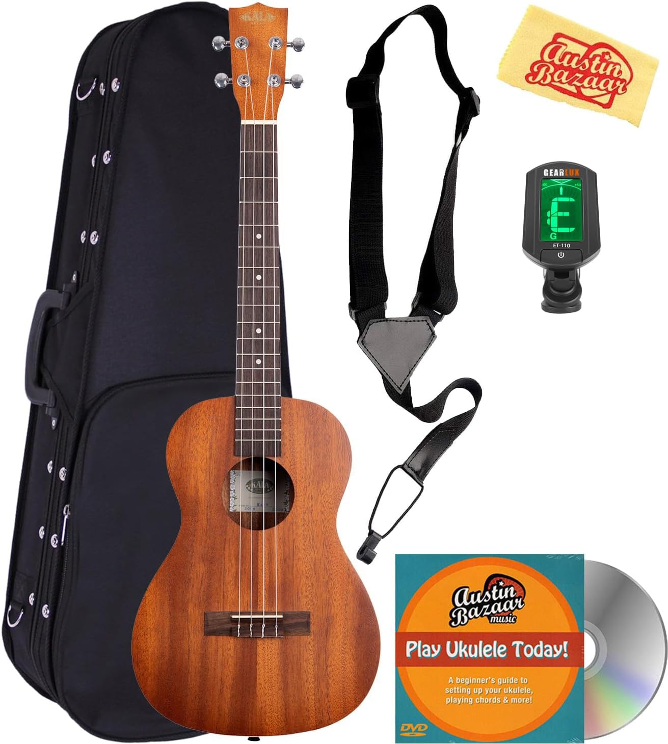 Kala KA-B Mahogany Baritone Ukulele Bundle with Hard Case, Tuner, Strap, Austin Bazaar Instructional DVD, and Polishing Cloth