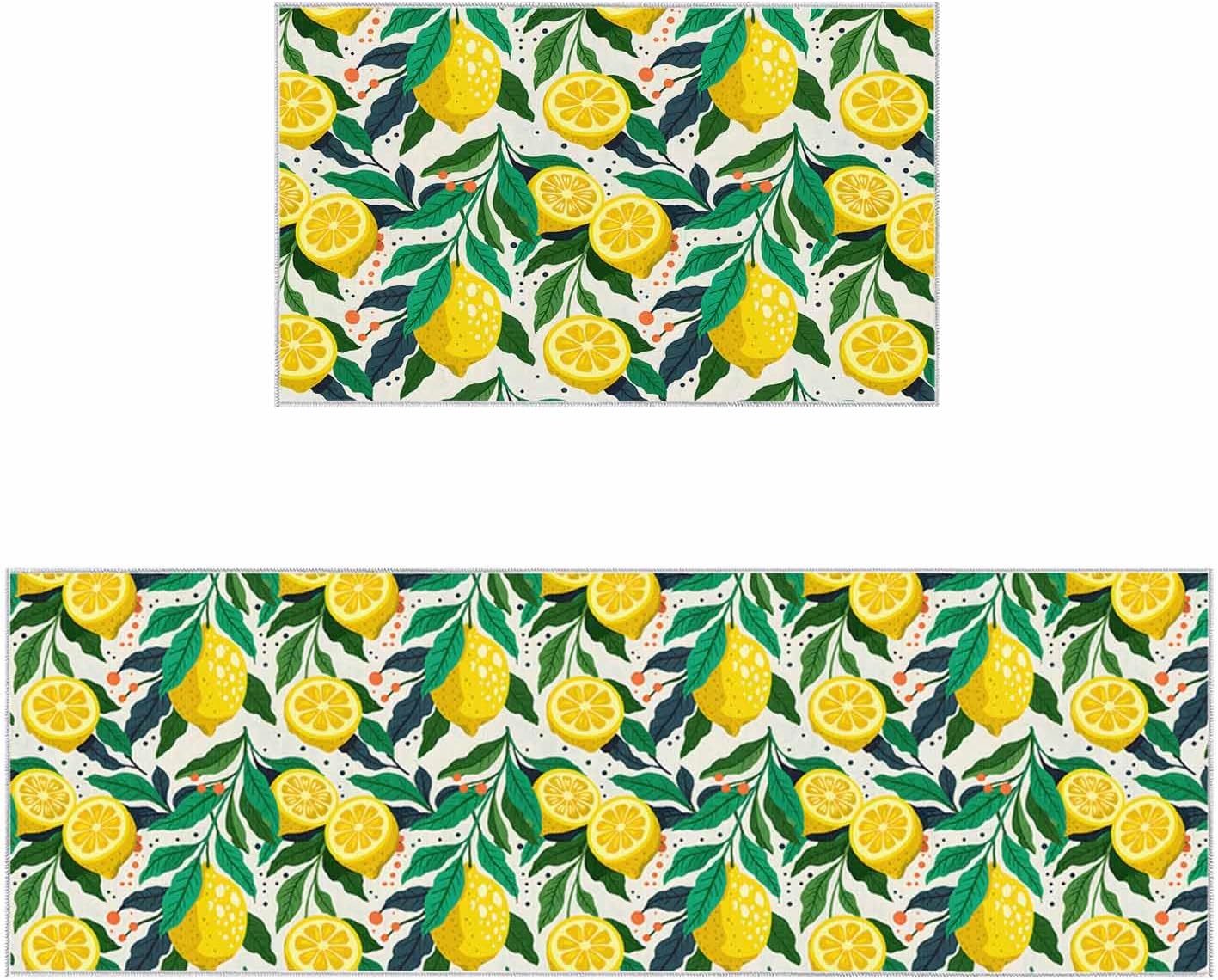 2 Pieces Kitchen Rugs and Mats,Summer Farmhouse Lemon Leaf Area Runner Rug Set Non Slip Floor Doormat Washable Carpet Standing Mat for Kitchen Sink Indoor Corridor,Rustic Colorful Point Fruit Plant