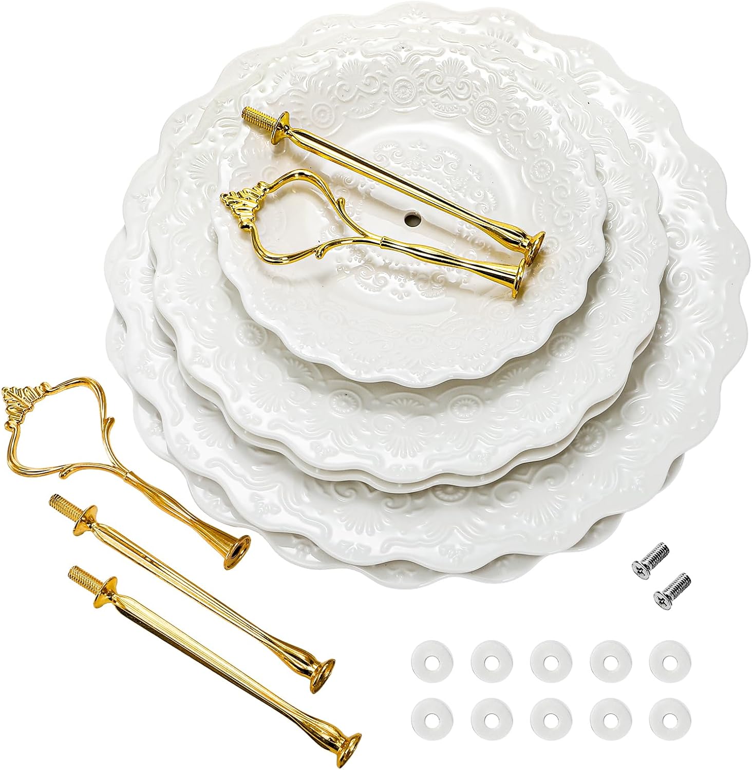 SOUJOY Set of 2 Porcelain Tiered Cupcake Stand, White Embossed Dessert Stand with Gold Rod, 3 Tiers and 2 Tiers Serving Trays for Tea Party Wedding Baby Shower Home Birthday