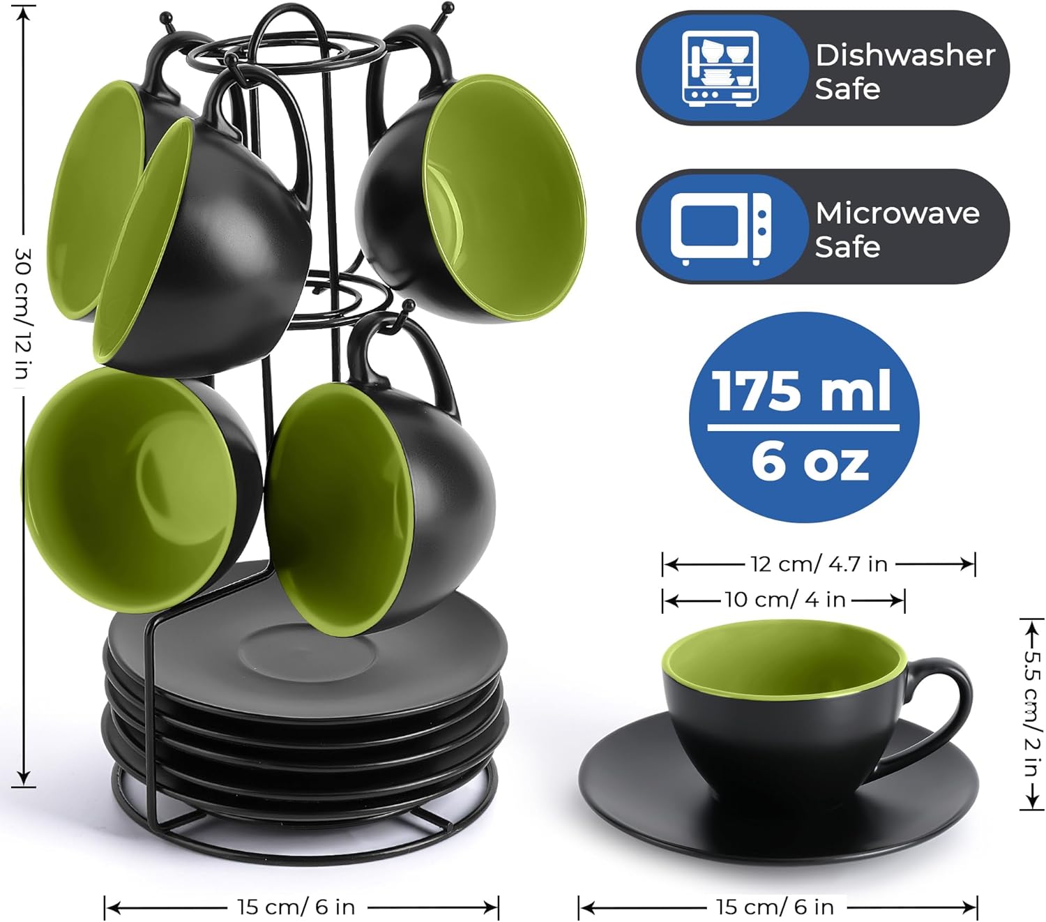 MIAMIO - Set of 6, Ceramic Stackable Cappuccino Cups Set / 6 Ounce Cappuccino Mugs and Saucer with Metal Stand for Coffee Drinks, Cafe, Latte, Americano and Tea - Le Papillon Collection (Green) - Image 2