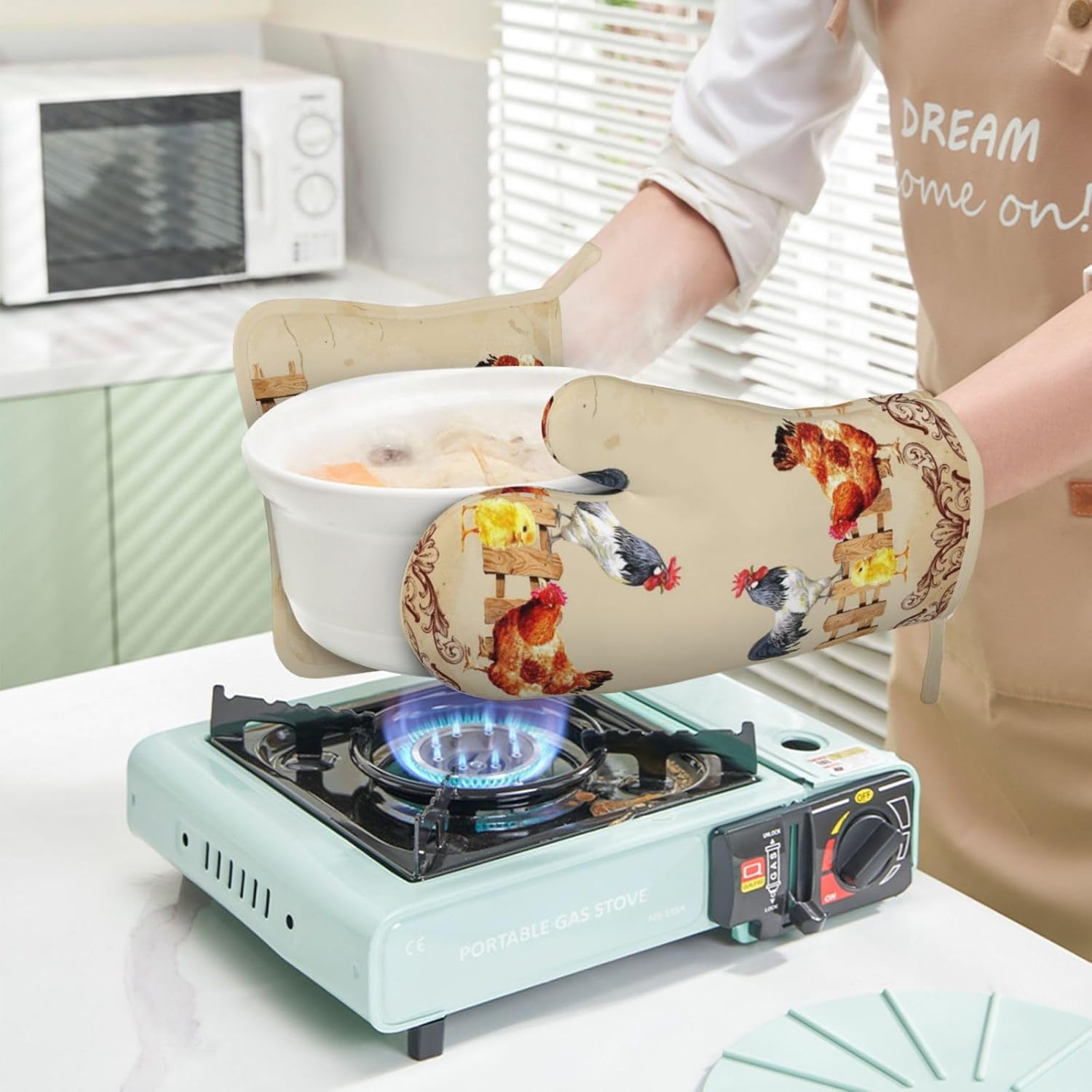 Funny Farmhouse Rooster Chick Oven Mitts and Pan Racks 4-Piece Set