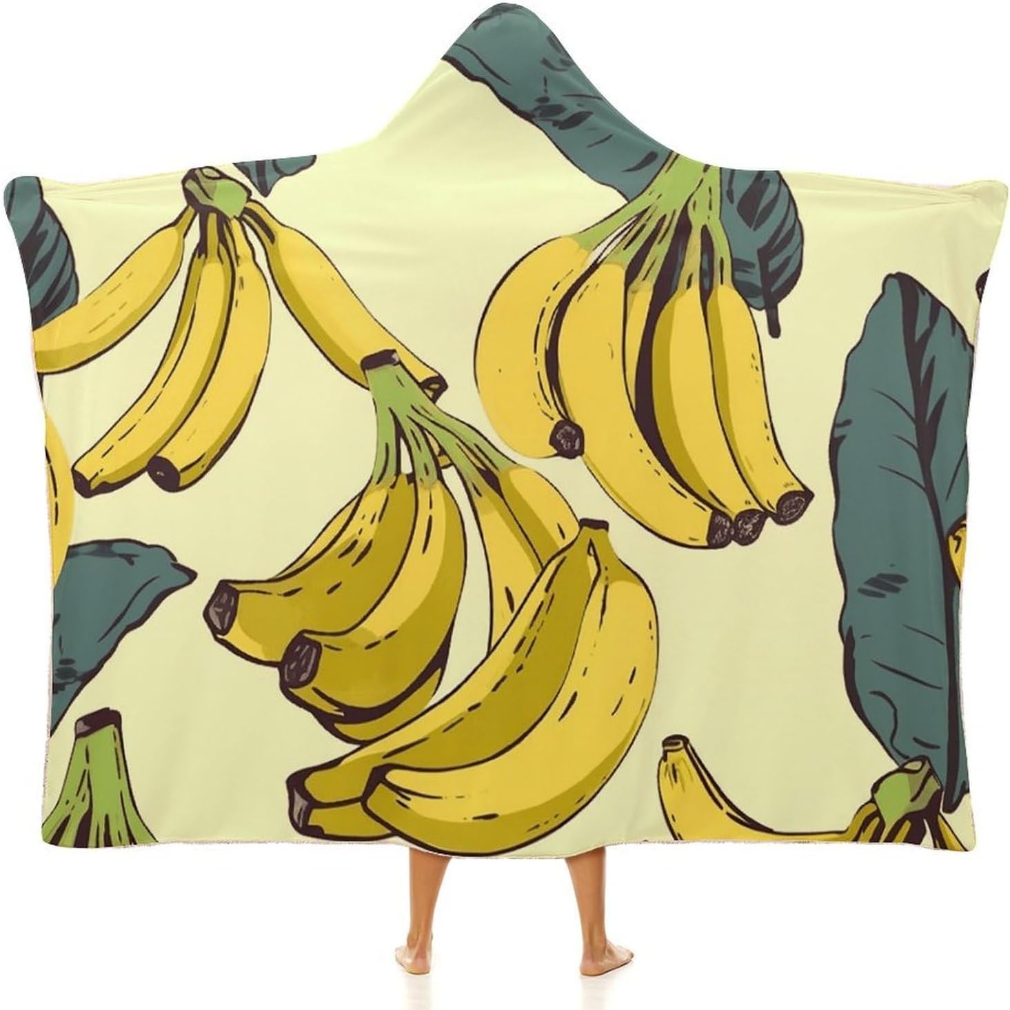 Banana Print Wearable Hooded Blanket, Ultra Soft Arctic Velvet Cape Cloak Unisex - Cozy Wearable Blanket