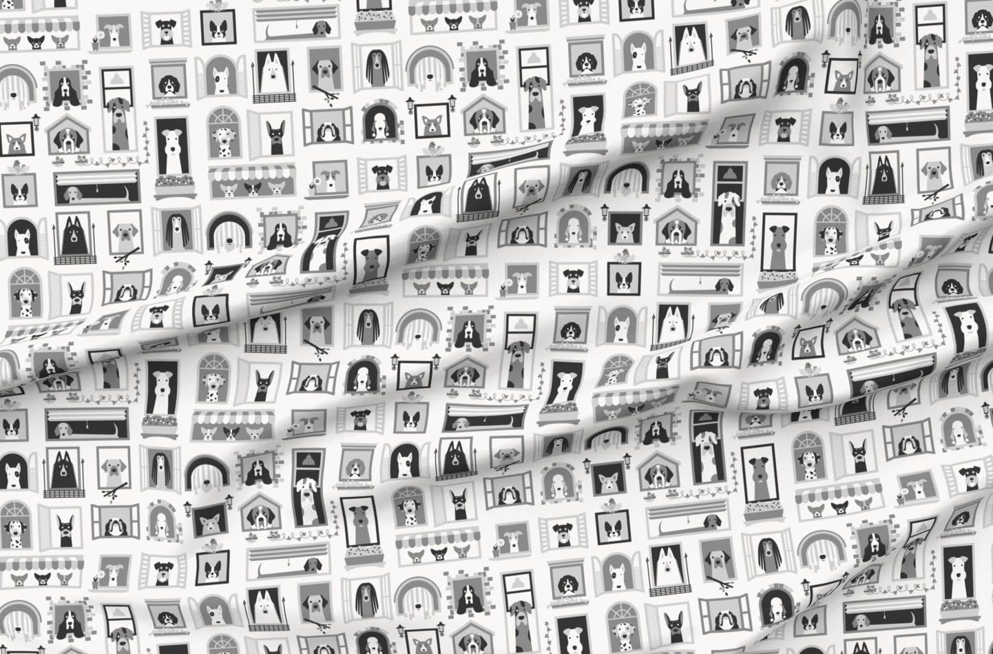 Spoonflower Fabric - Doghouse Windows Puppies Rescue Dogs Black White Illustration Printed on Minky Fabric by The Yard - Sewing Baby Blankets Quilt Backing Plush