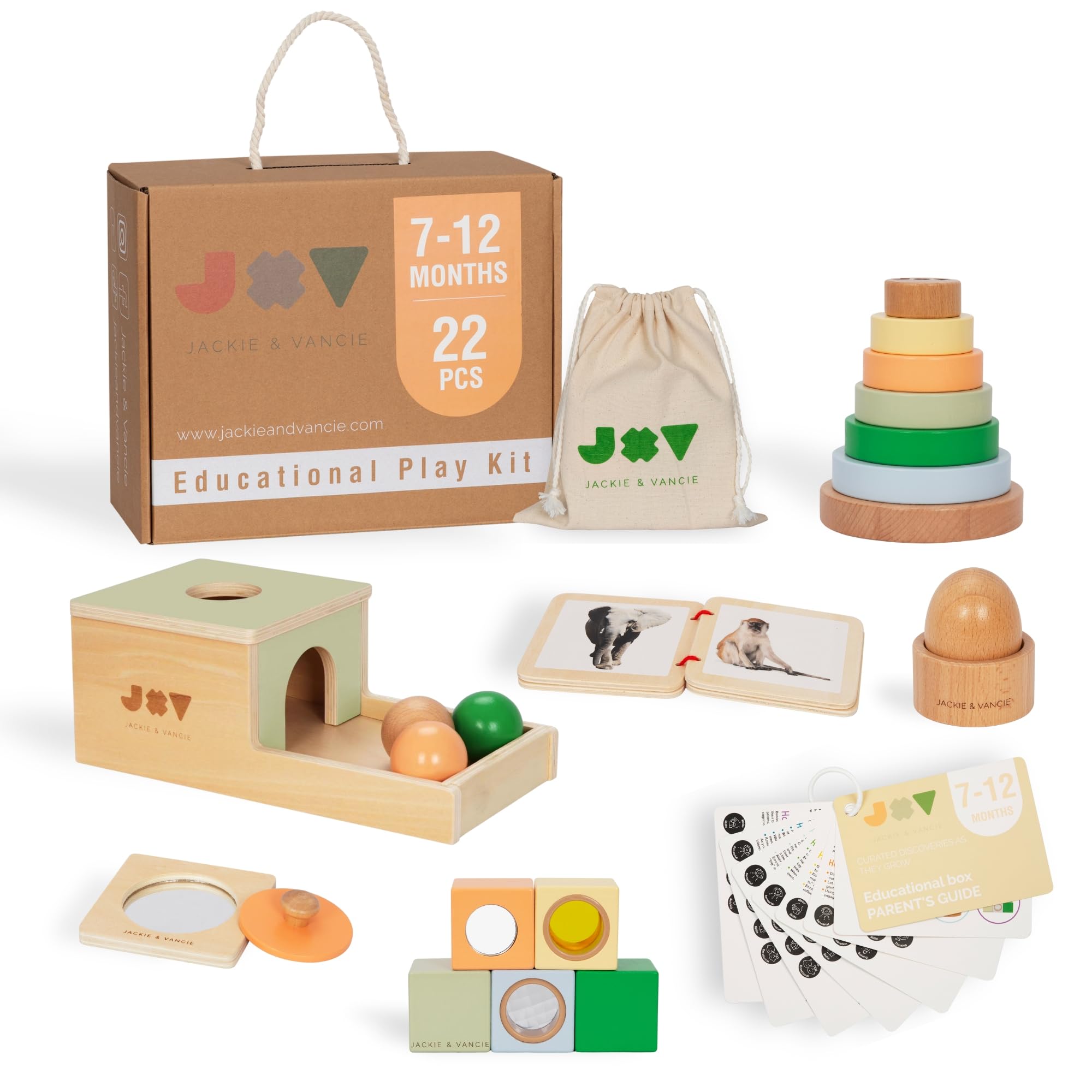 Jackie & Vancie Montessori Toy Set for Babies 7 to 12 Months, Sensory Playkit 6 in 1 Wooden Learning Toys with Object Permanence, Rainbow Stacker, Mirror Puzzle, Sensory Blocks, Egg & Cup, Wooden Book