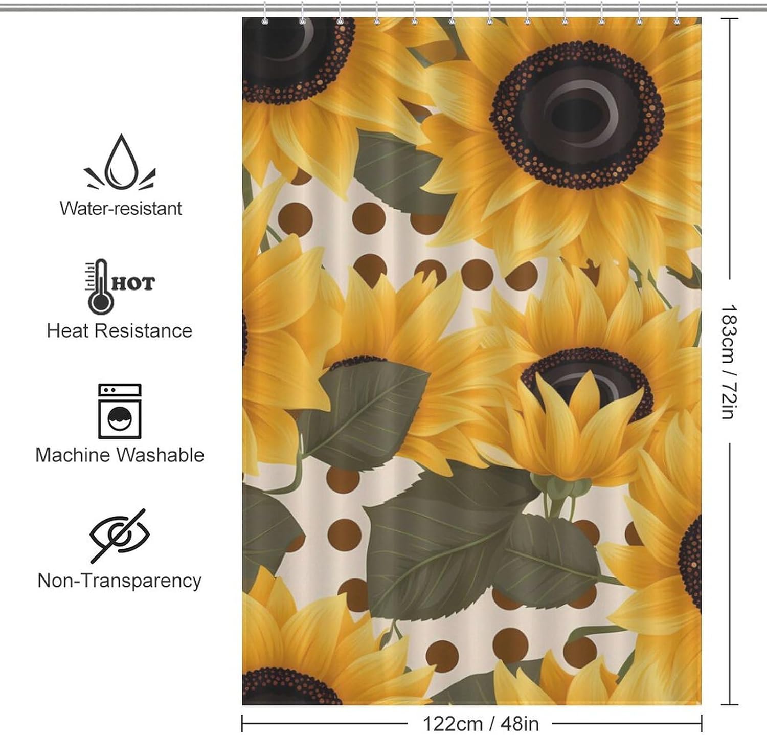 Sunflower Flowers Dots Funny Shower Curtains Washable Bath Curtain Liner with Hooks for Bathroom Bath Tubs