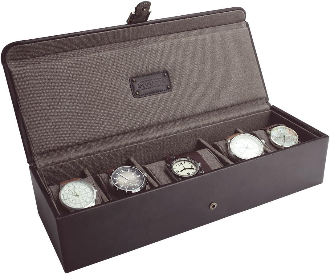 JACOB JONES Brown Watch Box with Khaki Canvas Lining
