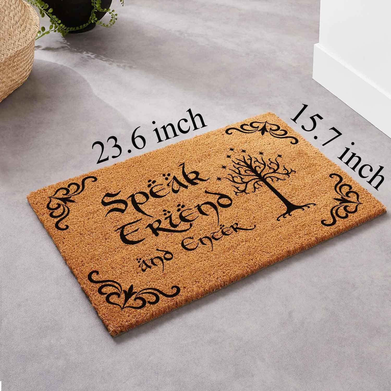 Coir Doormat 'Speak Friend and Enter' Lord of the Rings Welcome Mat, 23.6 x 15.7 inch, Tufted, Letter Print, Water Repellent, High Pile, Handmade, Rustic