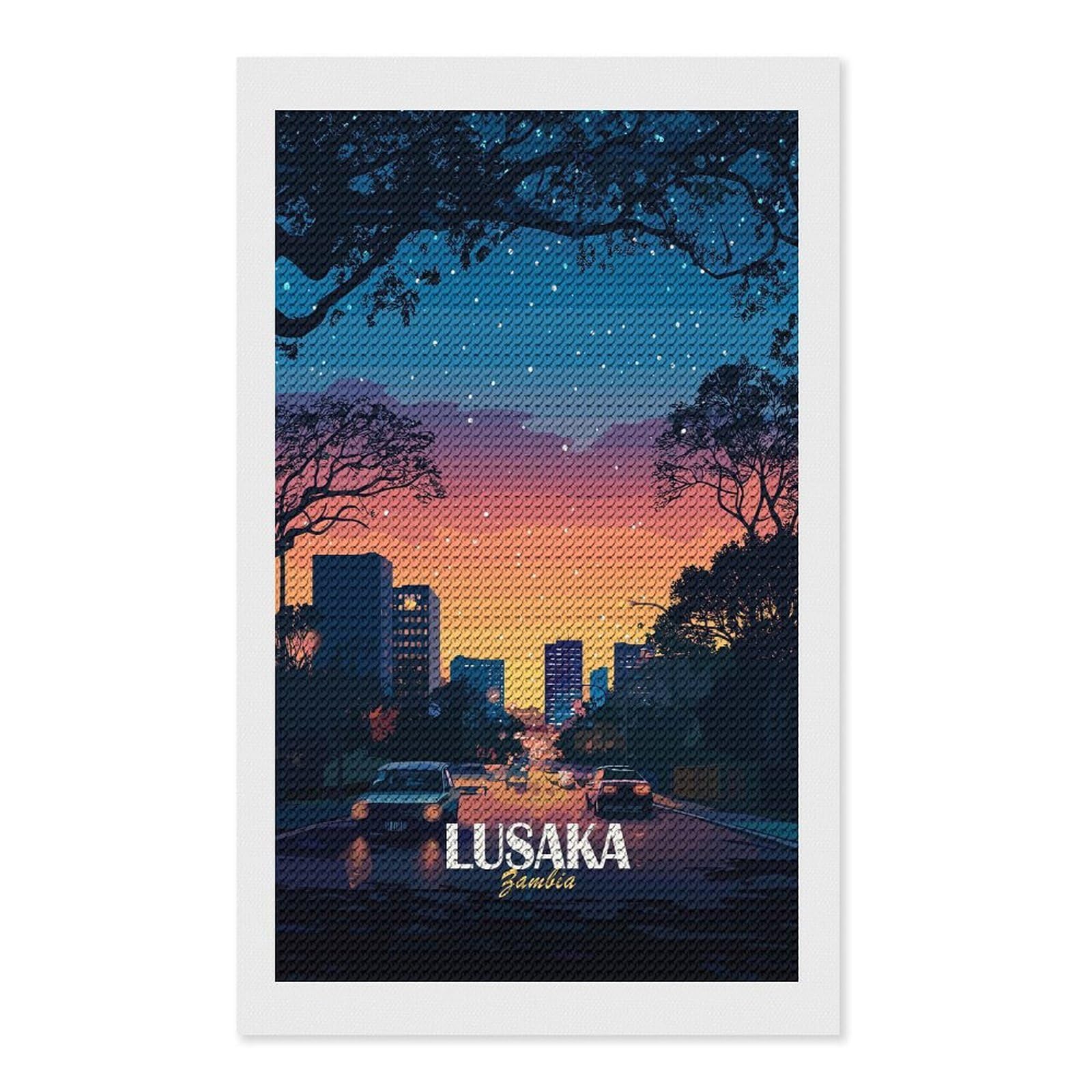 Junmoney Lusaka Zambia Cityscape at Dusk Diamond Painting Canvas Set 12"x20", for Women, Mindful Craft Activity, Cosy Home Accent, Festive Craft Gift