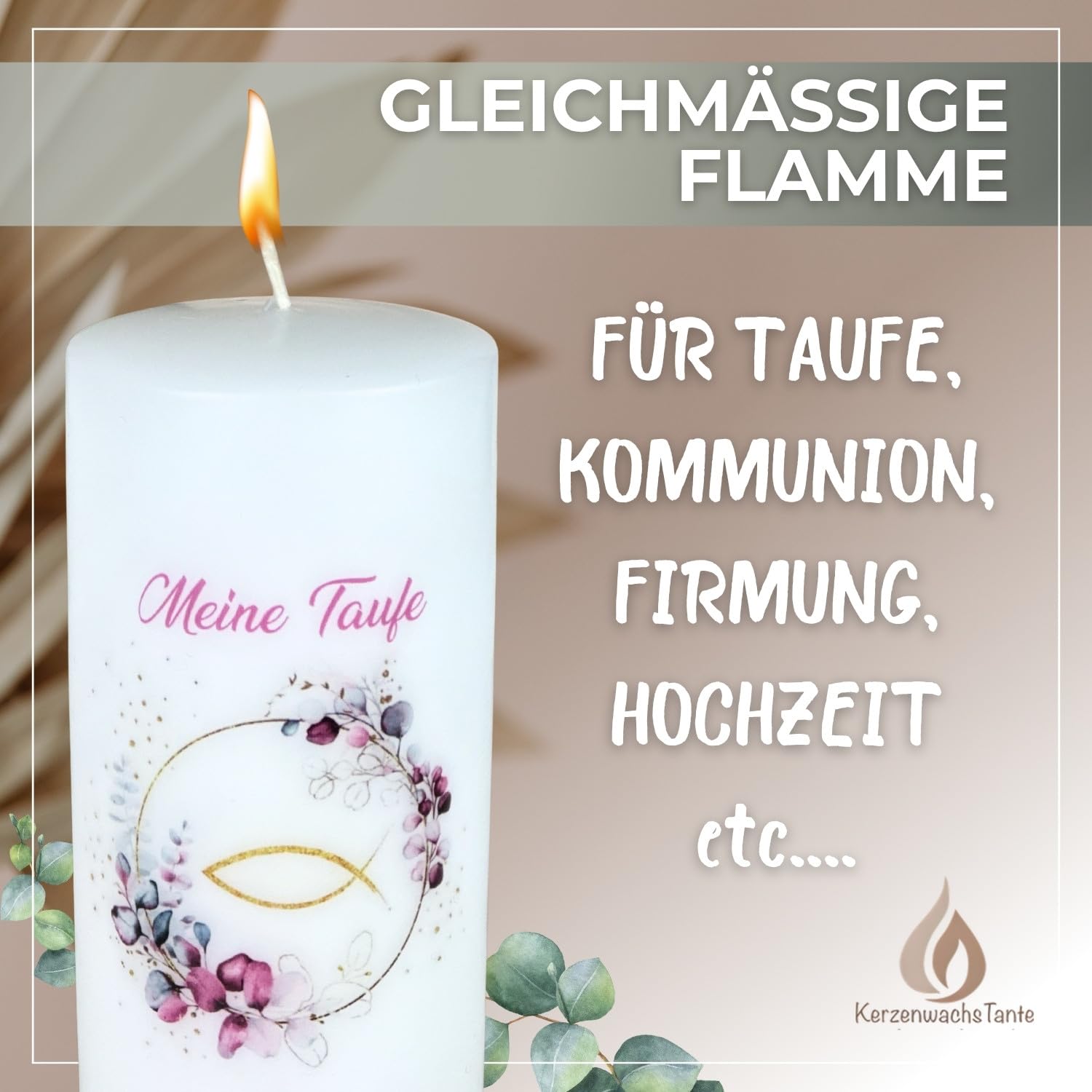 Taufkerze Kommunionkerze Eukalyptus Fisch 25x8cm – Wunschname Personalisierbar – Geschenk zur Taufe für Jungen & Mädchen – Handarbeit mit Schleife – salbei rosa gold