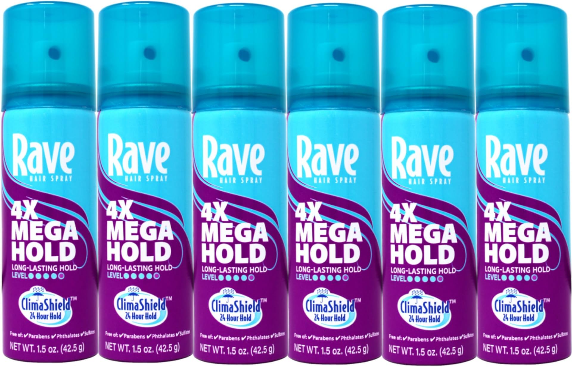 Rave Hairspray 4x Mega Aerosal Travel Size 1.5 oz, Pack of 6