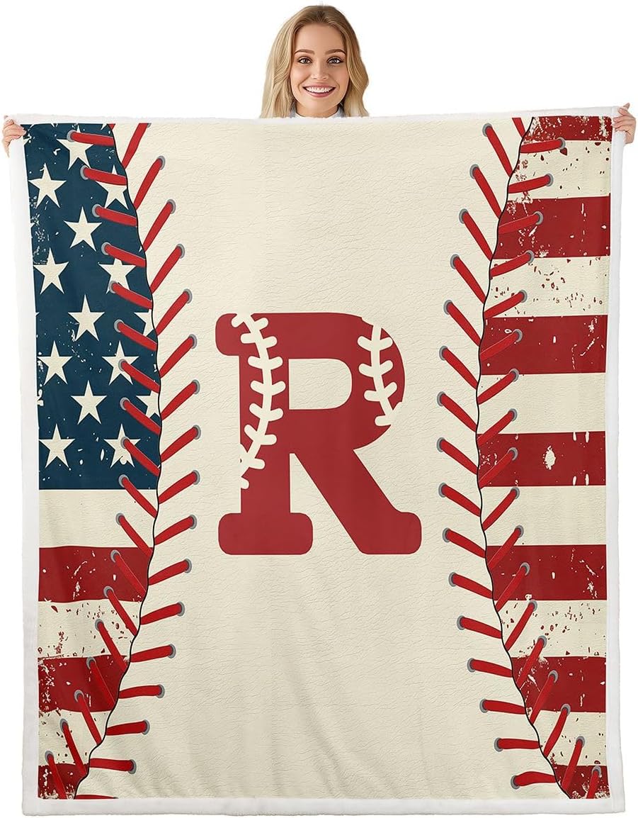 Erosebridal Baseball Letter R Fleece Blanket Retro United States Flag Baseball Sherpa Blanket 60"x80" | Personalized Initial A to Z Letter Monogrammed Sports Ball Game Fuzzy Plush Throw