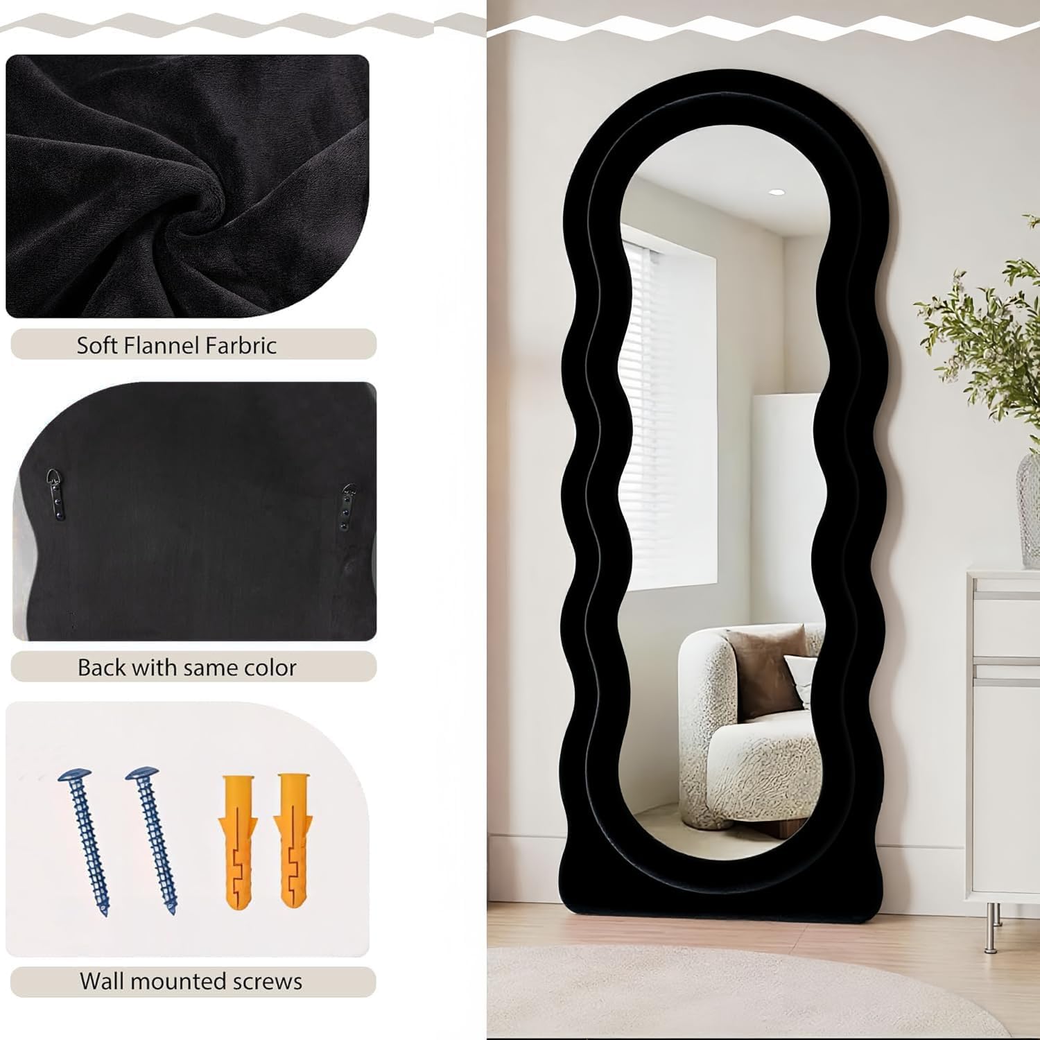 Wavy Full Length Mirror with Stand, 63" x 24" Irregular Floor Mirror, Large Floor Length Mirror, Freestanding/Leaning/Wall Mounted, Flannel Wrapped Wooden Frame for Bedroom/Living Room, Black