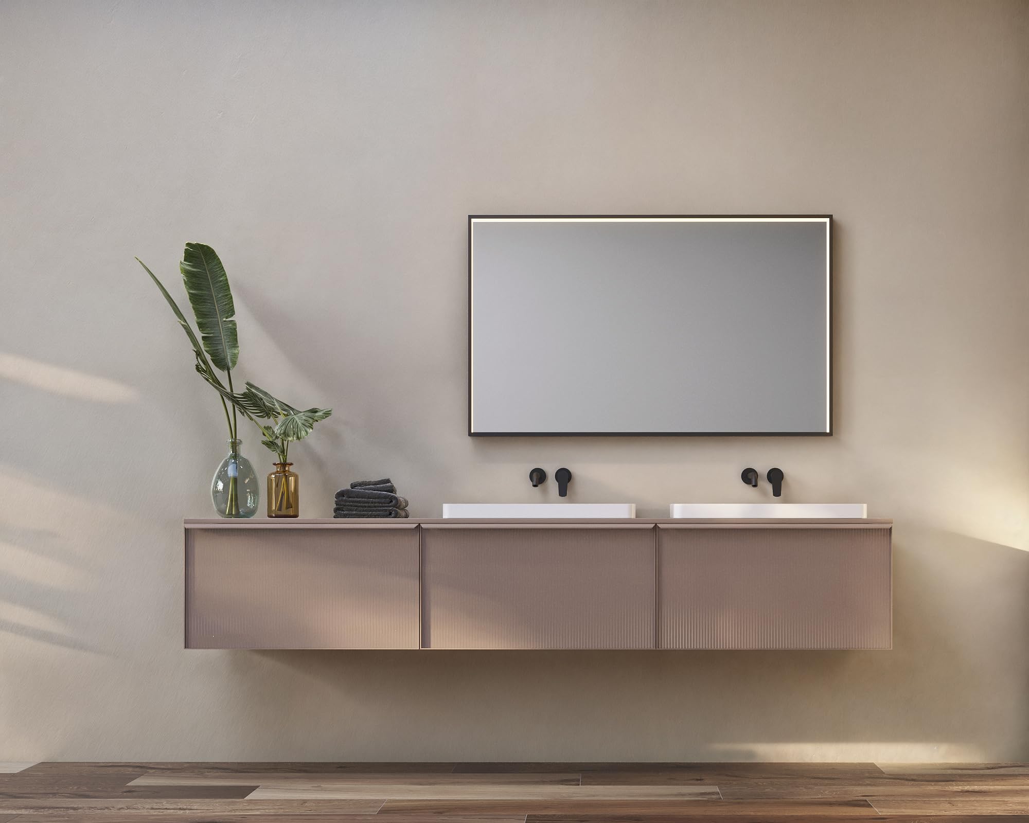 Mice - Espejo con luz led perimetral integrada en el Marco Color Negro Mate - Incorpora Anti-vaho y Sistema de Encendido Mediante Sensor Espejo con luz para vestidor, baño, Maquillaje 100 X 80