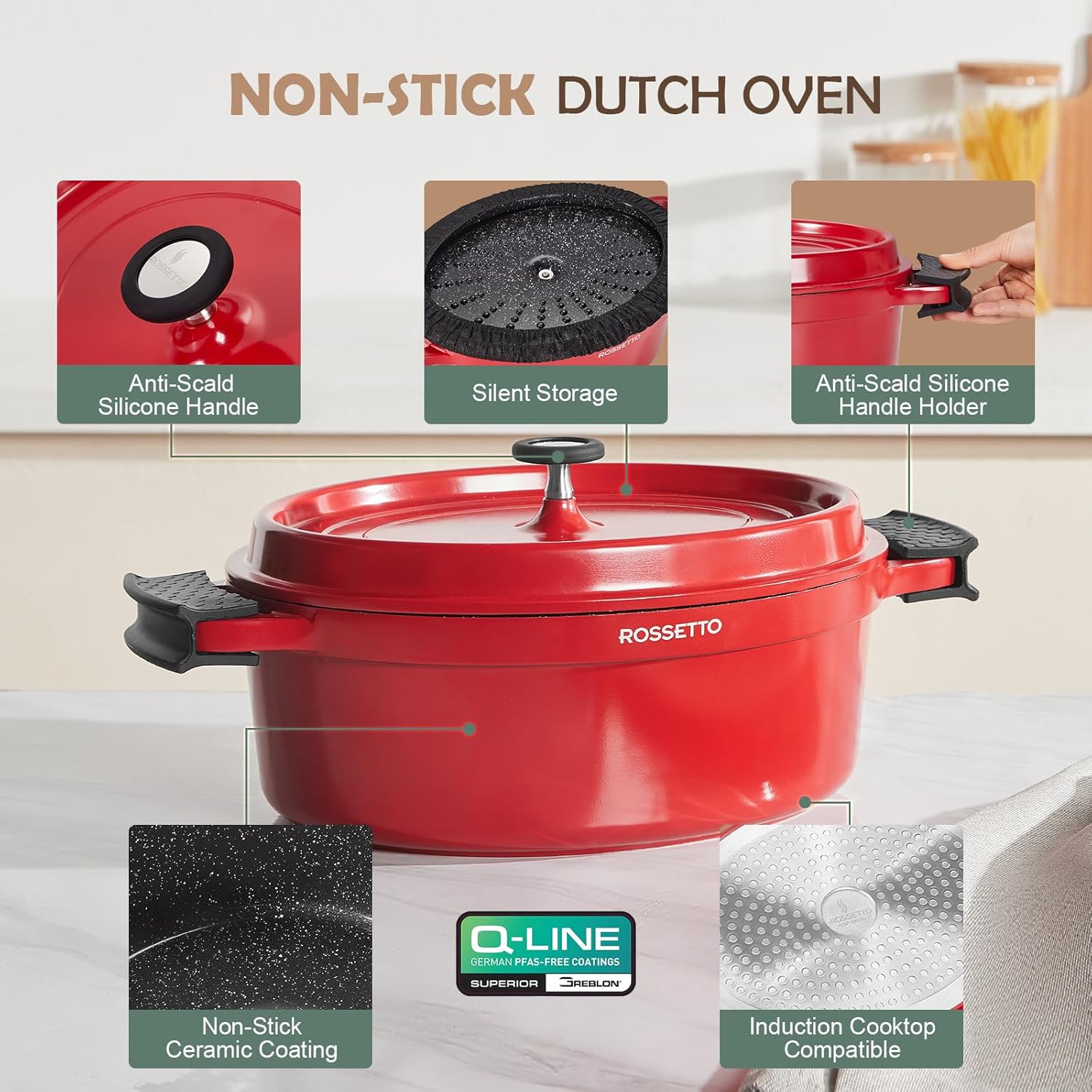 ROSSETTO 5.5QT Oval Dutch Oven Pot with Lid, Ceramic Dutch Oven with Silicone Assist Handle Holder, Dishwasher Safe, Oven Safe up to 450° F, Non-Stick & Non-Toxic Bread Dutch Oven with Lid for Baking,Brasing, Soups, Red