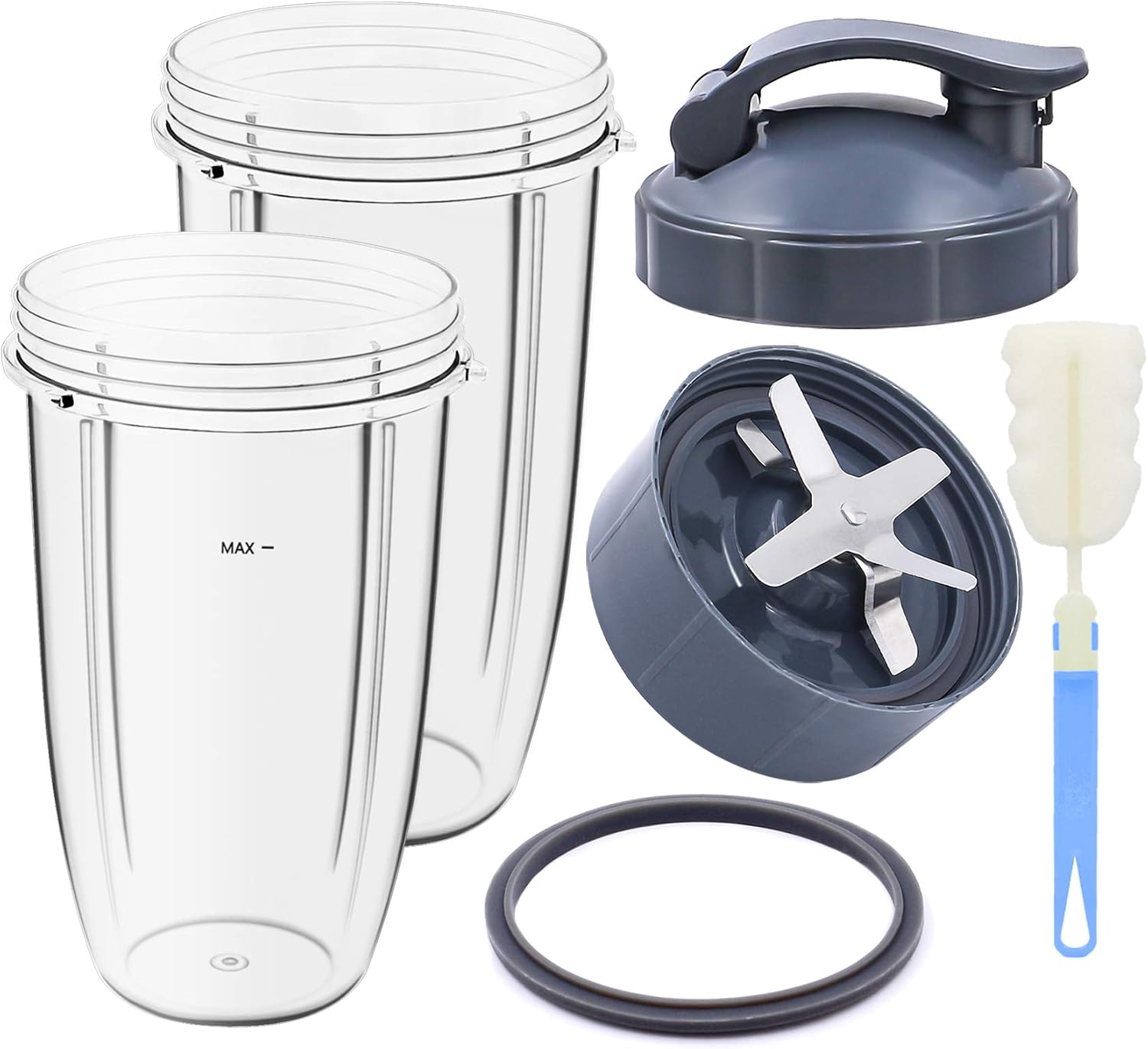 KONIGEEHRE Replacement Parts 32oz 24oz Cups and Extractor Blade with Flip Top To-Go Lid and Rubber Gasket Accessories fits Nutribullet 600W/900W Blender Models (6 Pieces)