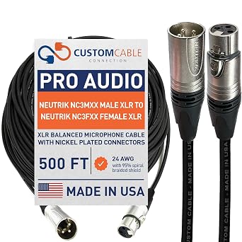 Custom Cable Connection 500 Foot Pro-Audio XLR Balanced Microphone Cable with Neutrik NC3MXX Male and Neutrik NC3FXX Female XLR Connectors