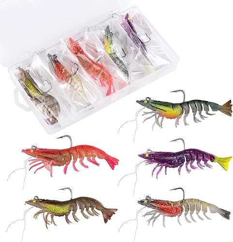 Goture Señuelos suaves para camarones, juego luminoso de cebo de camarón, señuelos de pesca con ganchos afilados para agua dulce y salada, trucha,