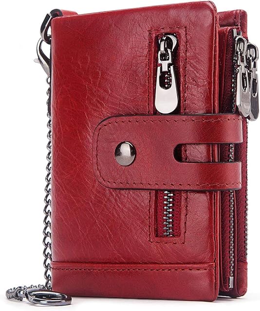 REETEE Ladies Leather Purse RFID Blocking Women's Wallet Multiple Compartment Zipper Coin Purse and 16 Card Slots Bifold Leather Lady Wallet with Chain,Small Womens Purses Leather (red)